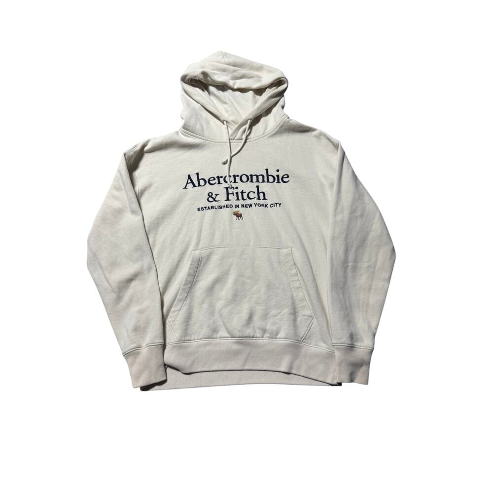 Abercrombie & Fitch Hoodie Mens S Cream Relaxed Soft A&F Fleece Graphic Pullover - Picture 4 of 16
